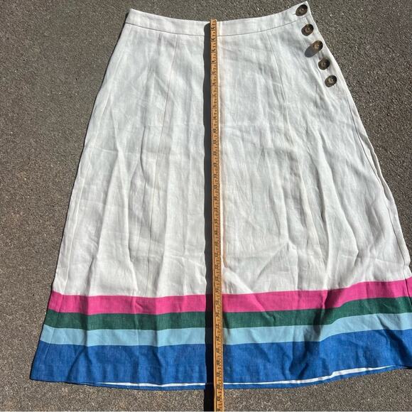 Boden Linen Blend Stripe Hem Midi Skirt Button Side Size 10 - Picture 7 of 9